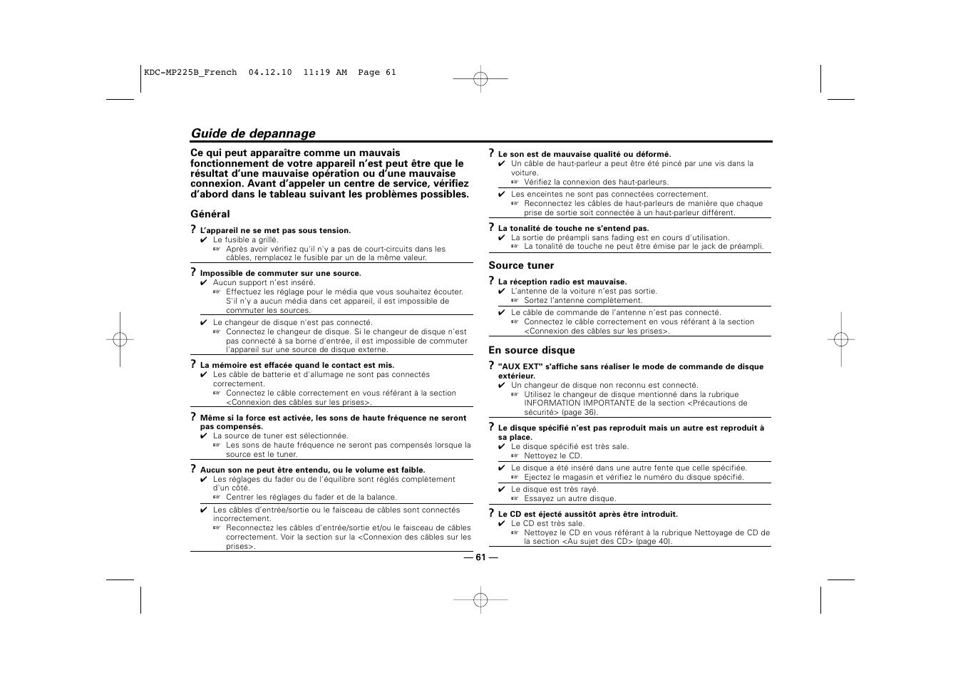 Guide de depannage | Kenwood KDC-225 User Manual | Page 61 / 96