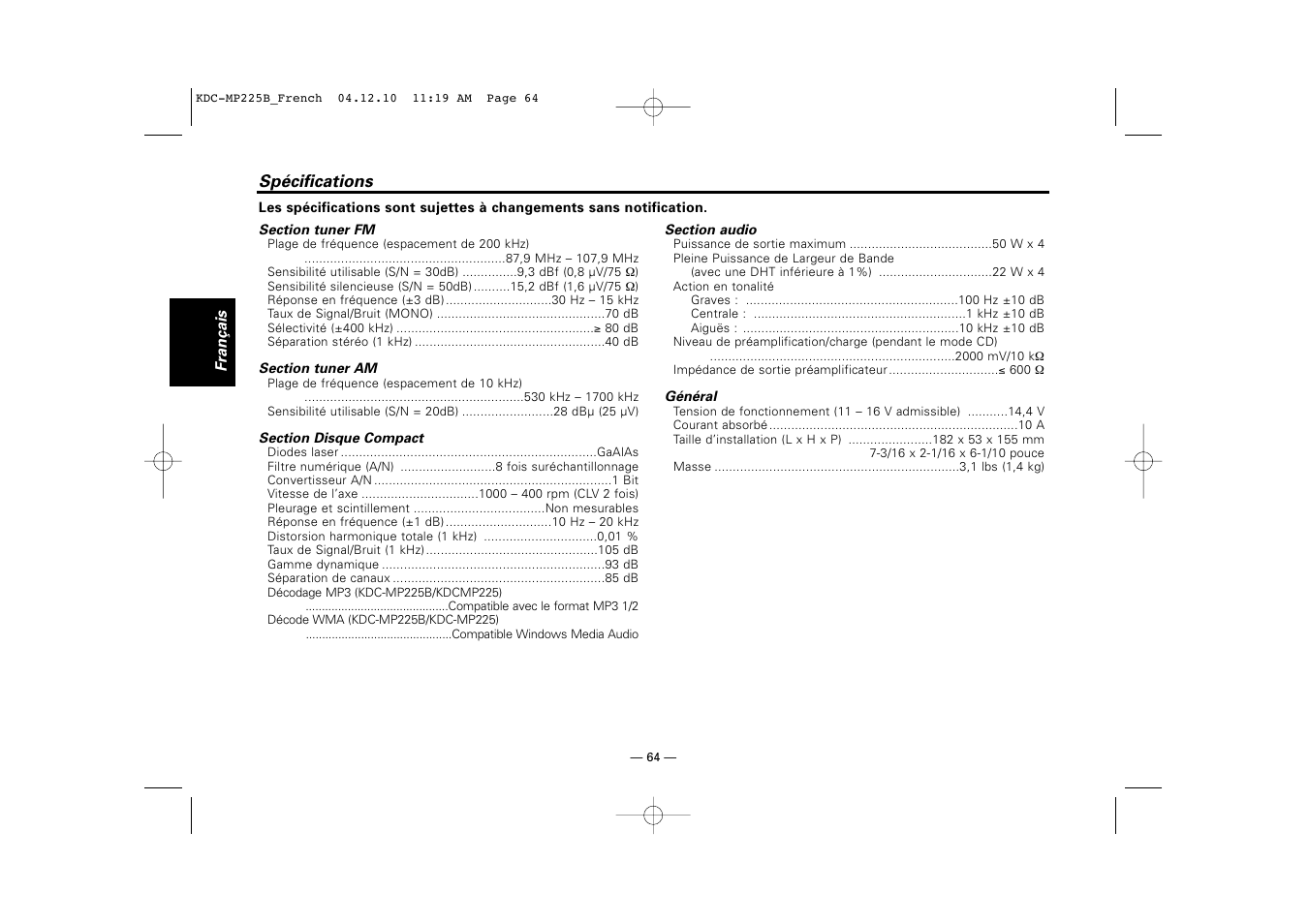 Kenwood KDC-225 User Manual | Page 64 / 96