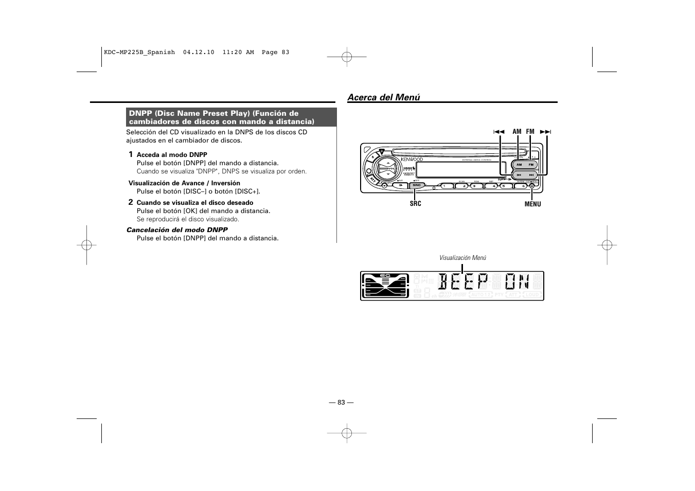 Acerca del menú | Kenwood KDC-225 User Manual | Page 83 / 96