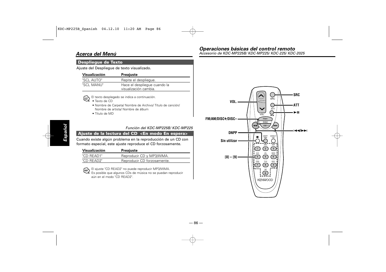 Acerca del menú, Operaciones básicas del control remoto, Español | Kenwood KDC-225 User Manual | Page 86 / 96