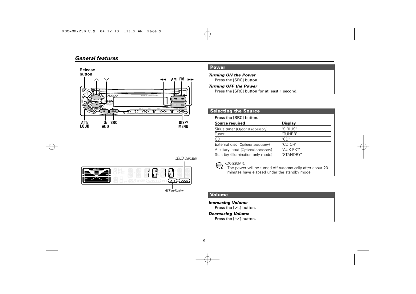 General features | Kenwood KDC-225 User Manual | Page 9 / 96