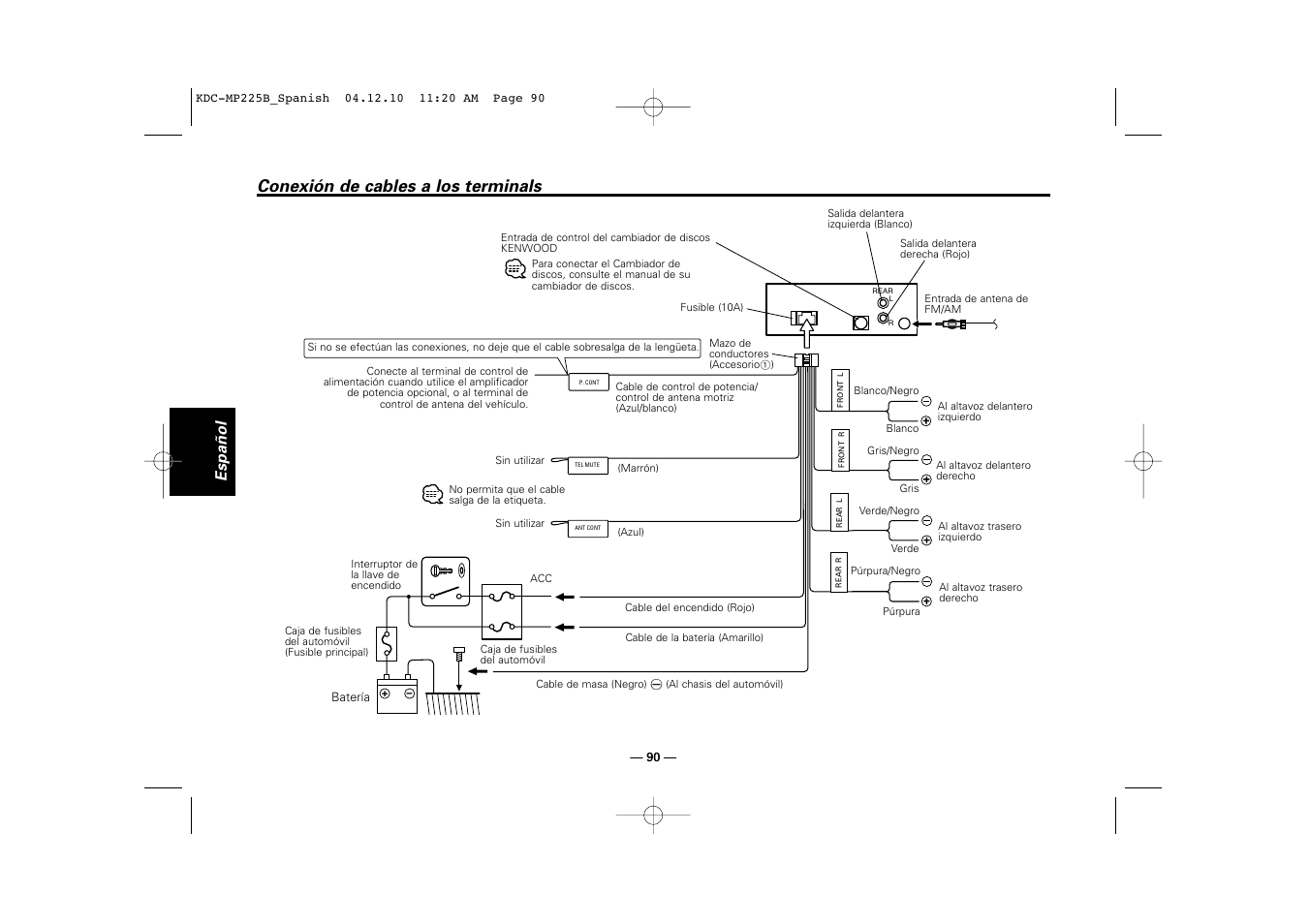 Conexión de cables a los terminals, Español | Kenwood KDC-225 User Manual | Page 90 / 96