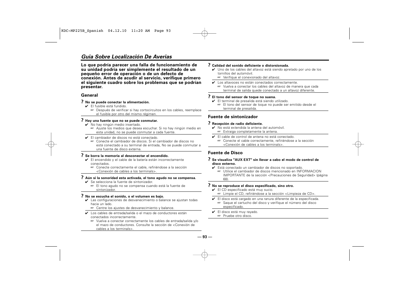 Guia sobre localización de averias | Kenwood KDC-225 User Manual | Page 93 / 96