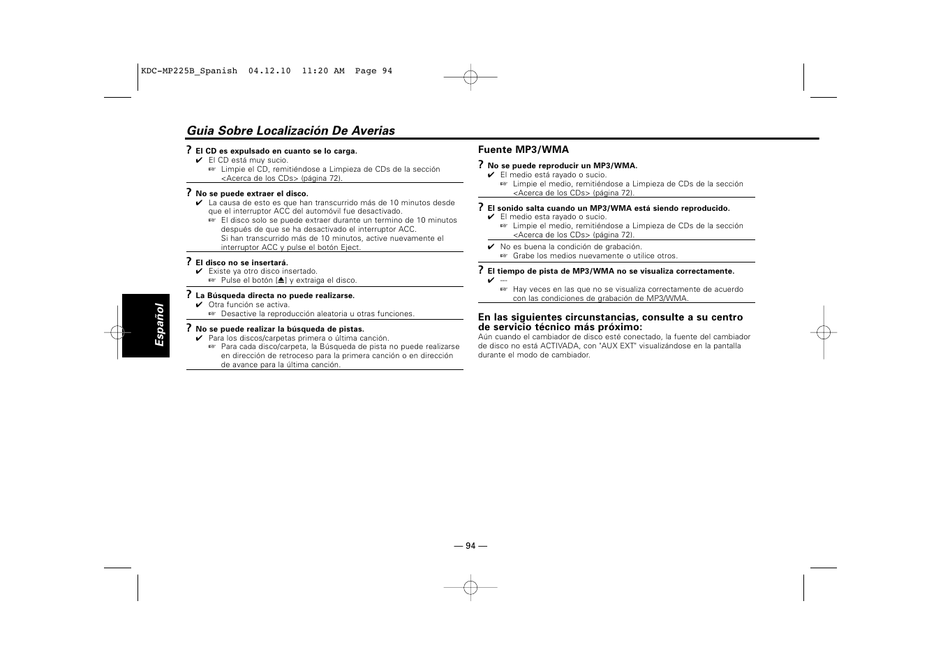 Guia sobre localización de averias | Kenwood KDC-225 User Manual | Page 94 / 96