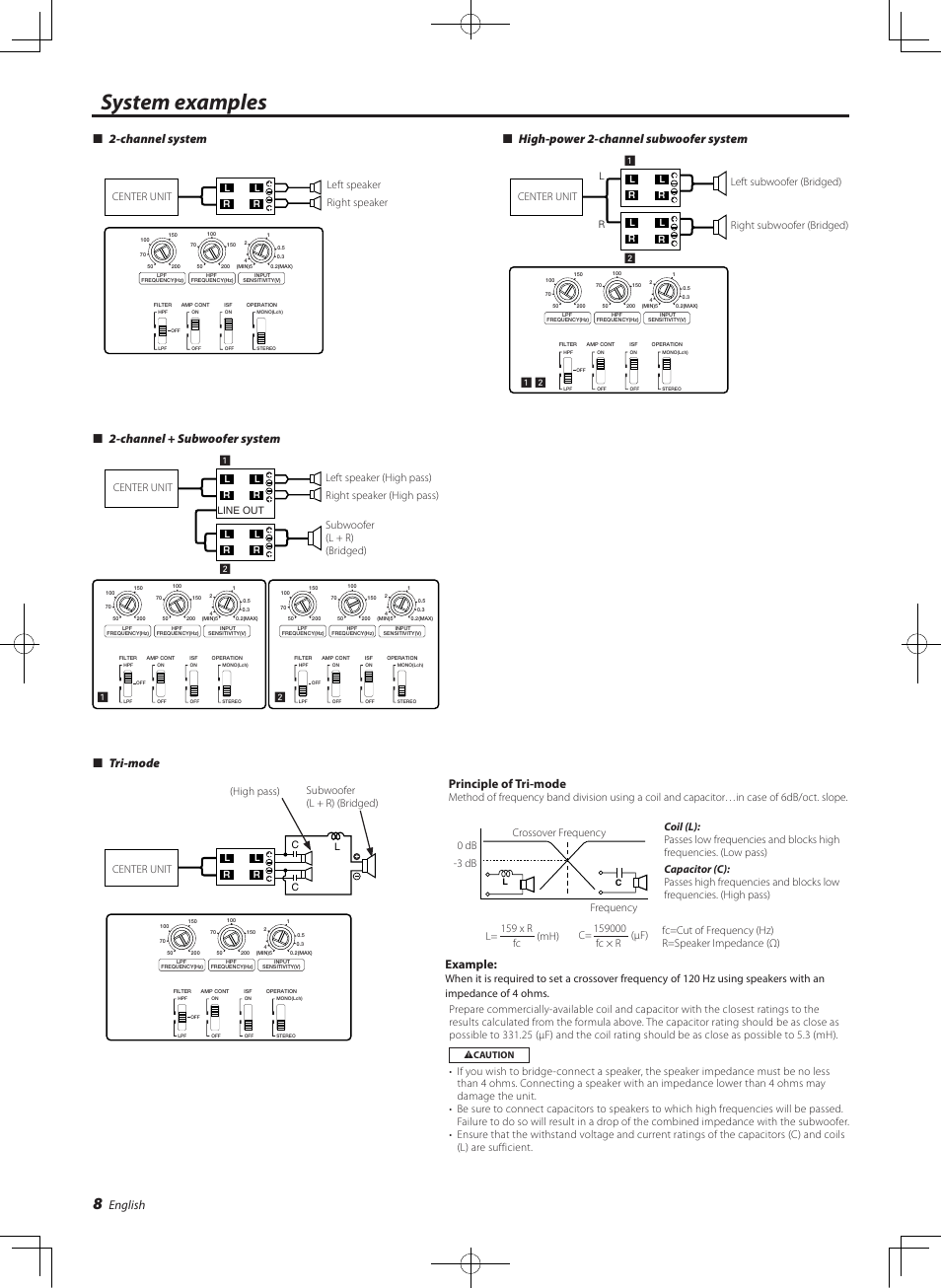 System examples, English, Tri-mode | Principle of tri-mode, Example, Channel + subwoofer system | Kenwood KAC-PS521 User Manual | Page 8 / 28