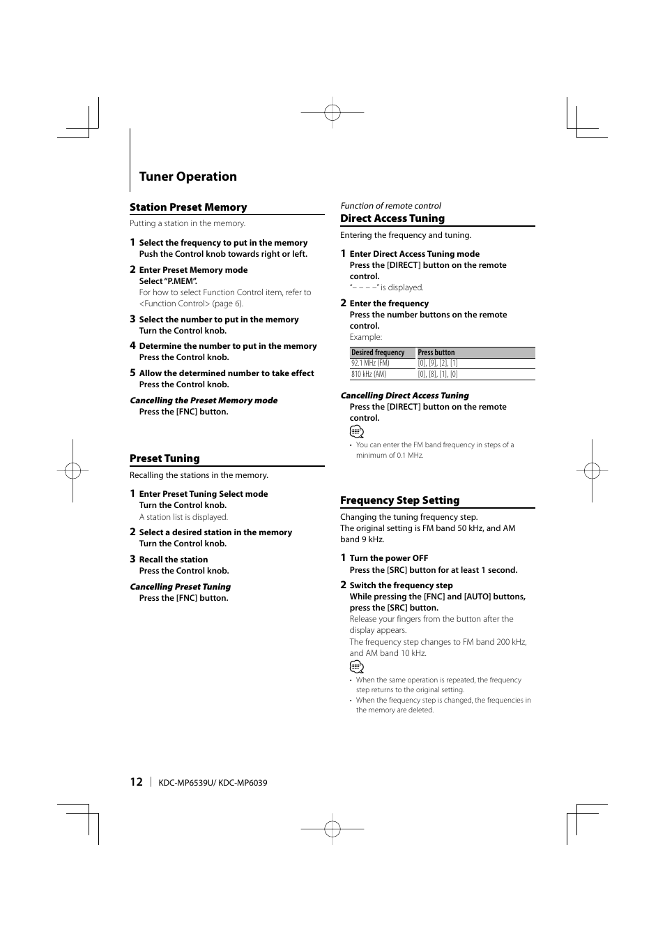 Tuner operation | Kenwood KDC-MP6039 User Manual | Page 12 / 28