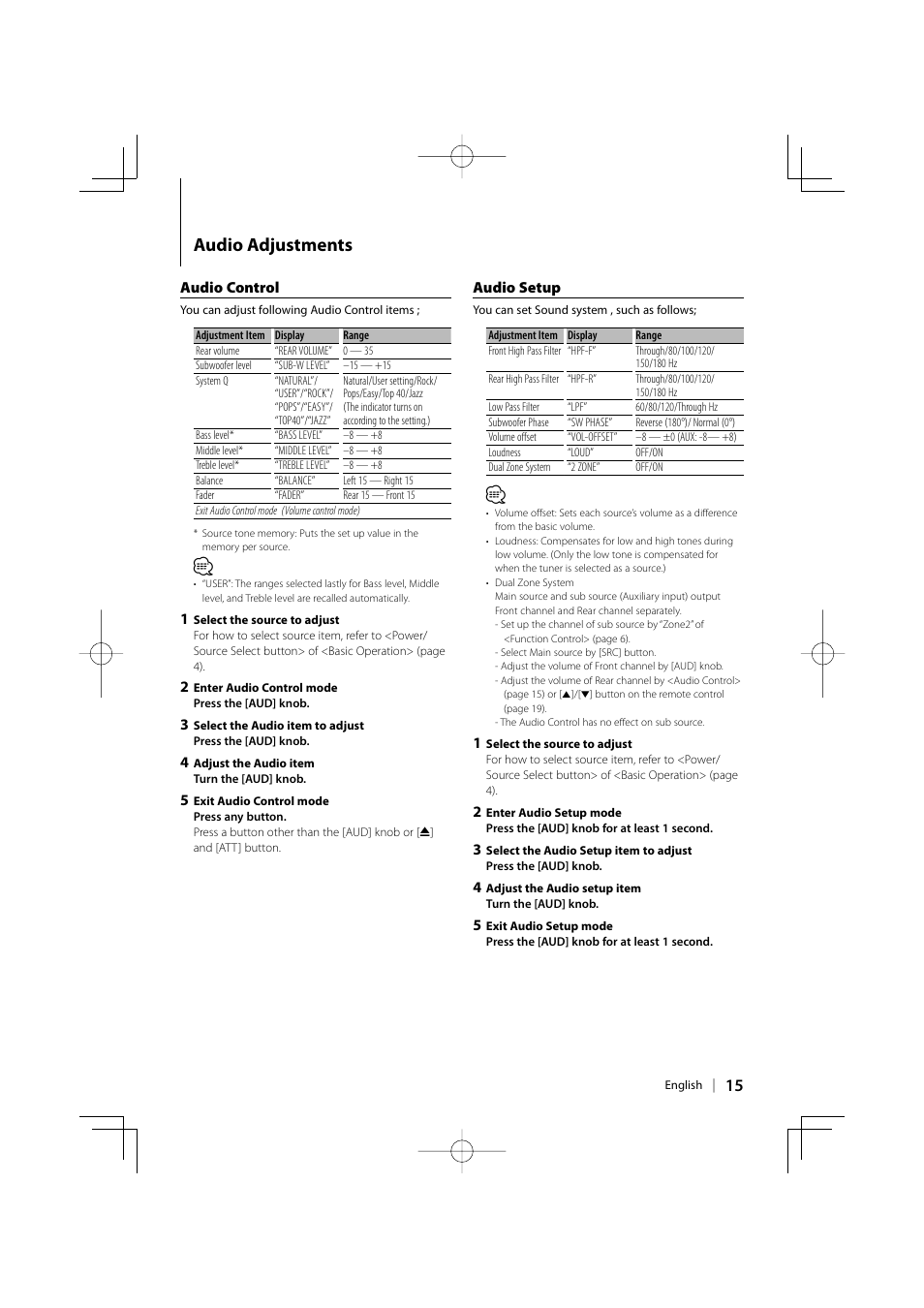 Audio adjustments | Kenwood KDC-MP6039 User Manual | Page 15 / 28