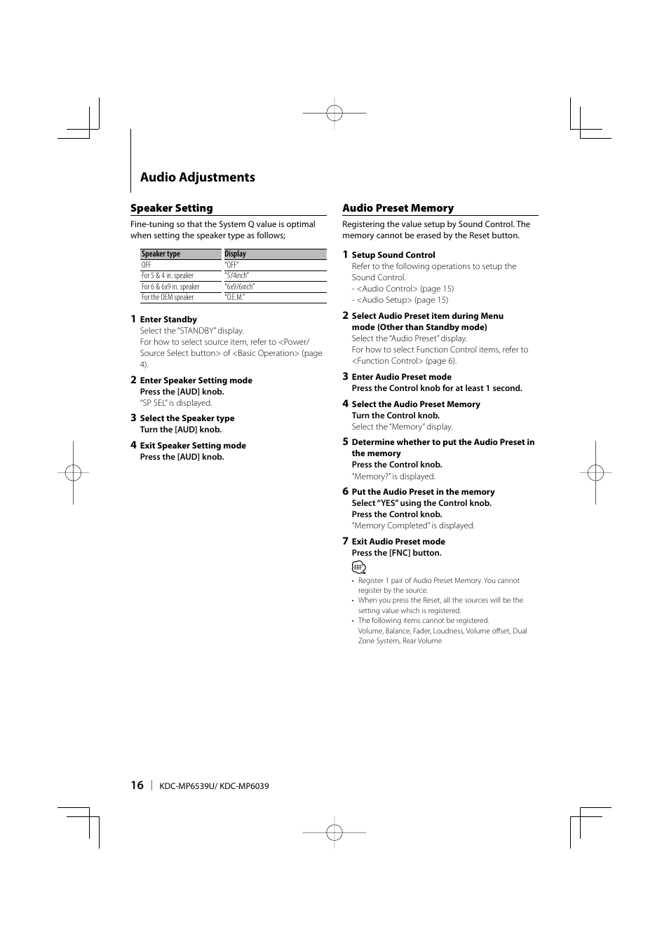 Audio adjustments | Kenwood KDC-MP6039 User Manual | Page 16 / 28