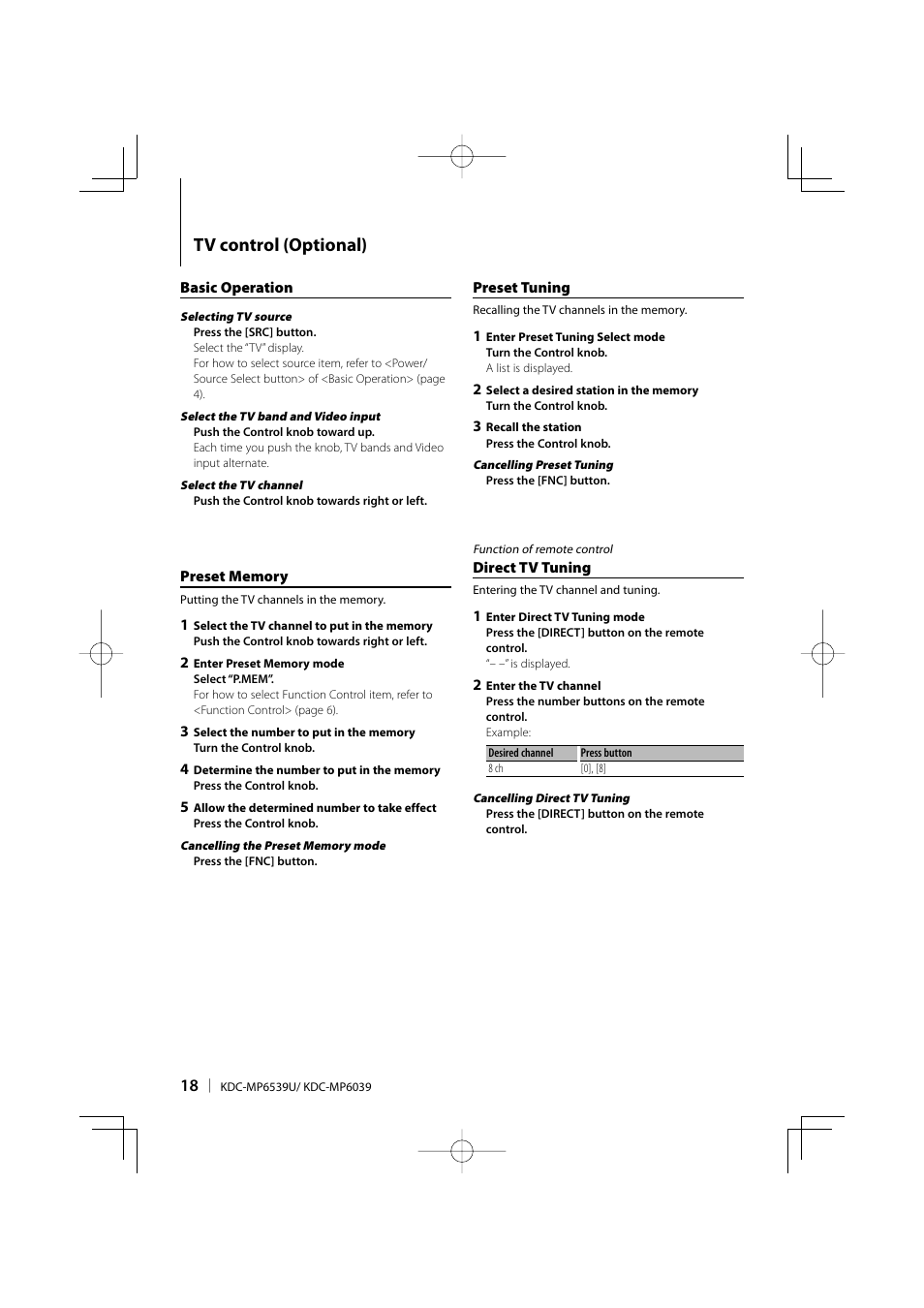 Tv control (optional) | Kenwood KDC-MP6039 User Manual | Page 18 / 28