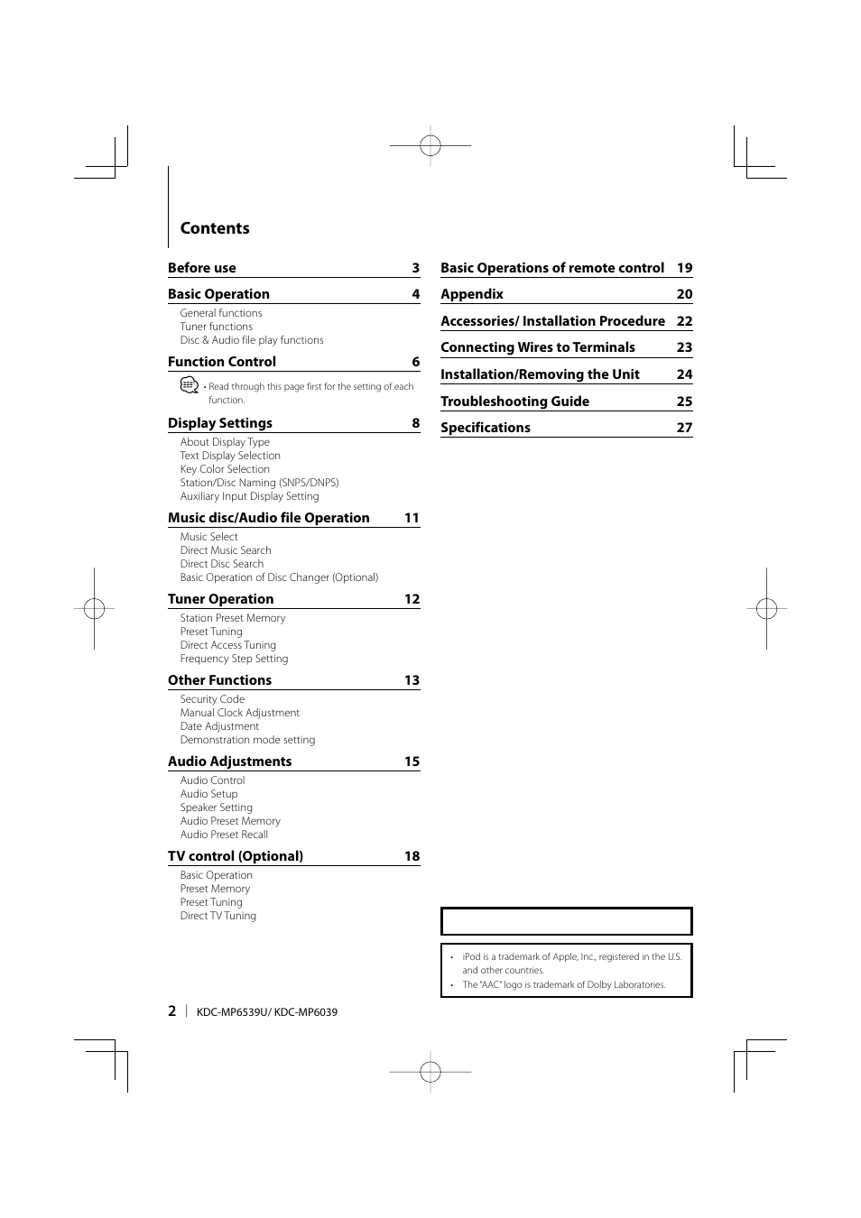 Kenwood KDC-MP6039 User Manual | Page 2 / 28