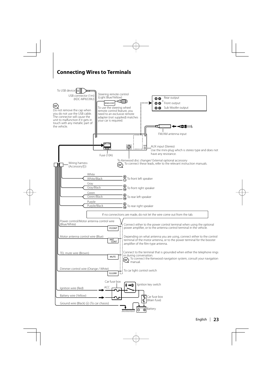 Connecting wires to terminals | Kenwood KDC-MP6039 User Manual | Page 23 / 28