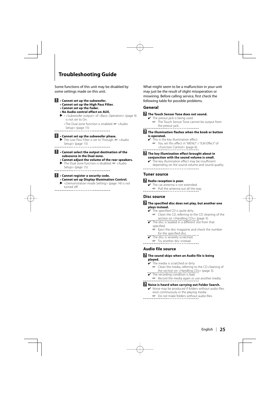 Troubleshooting guide | Kenwood KDC-MP6039 User Manual | Page 25 / 28