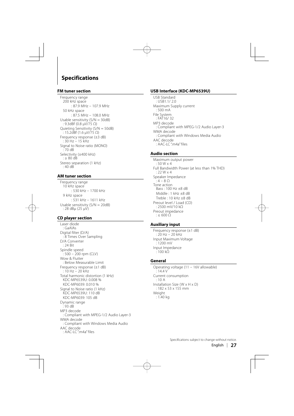 Specifications | Kenwood KDC-MP6039 User Manual | Page 27 / 28