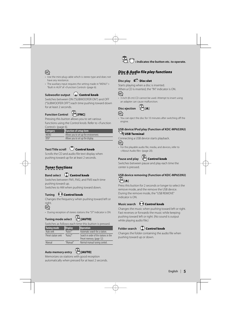 Tuner functions, Disc & audio file play functions | Kenwood KDC-MP6039 User Manual | Page 5 / 28