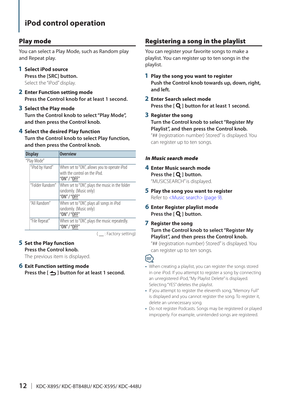 Play mode, Registering a song in the playlist, Ipod control operation | Kenwood KDC-448U User Manual | Page 12 / 71