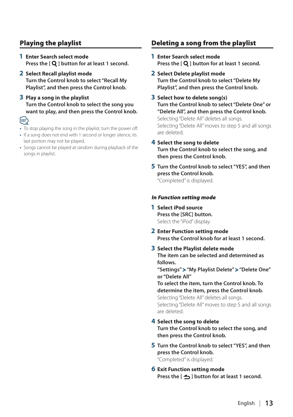 Playing the playlist, Deleting a song from the playlist | Kenwood KDC-448U User Manual | Page 13 / 71