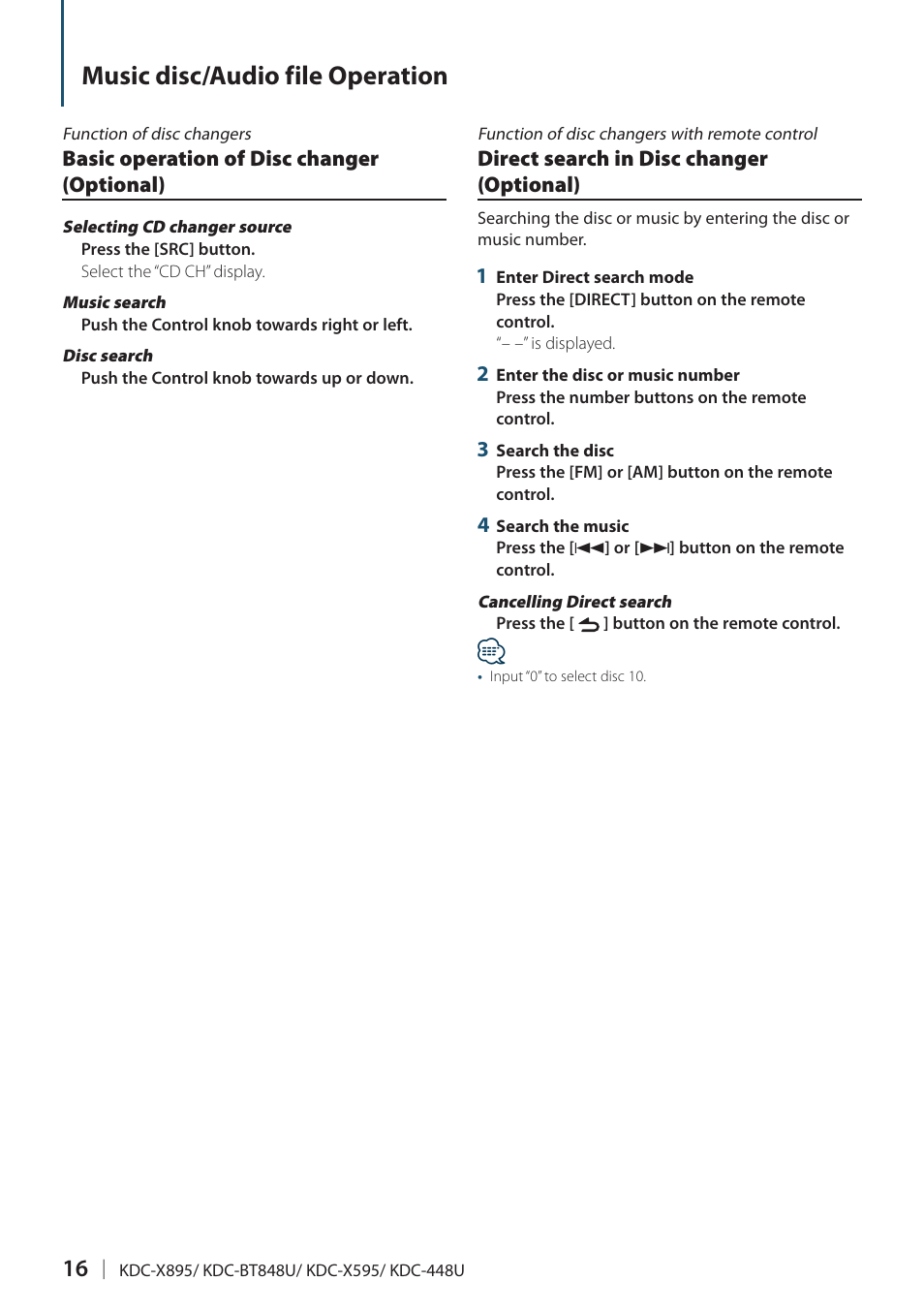 Basic operation of disc changer (optional), Direct search in disc changer (optional), Music disc/audio file operation | Kenwood KDC-448U User Manual | Page 16 / 71