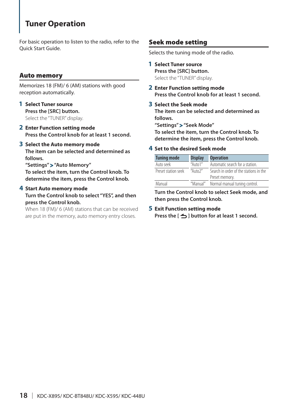 Tuner operation, Auto memory, Seek mode setting | Kenwood KDC-448U User Manual | Page 18 / 71