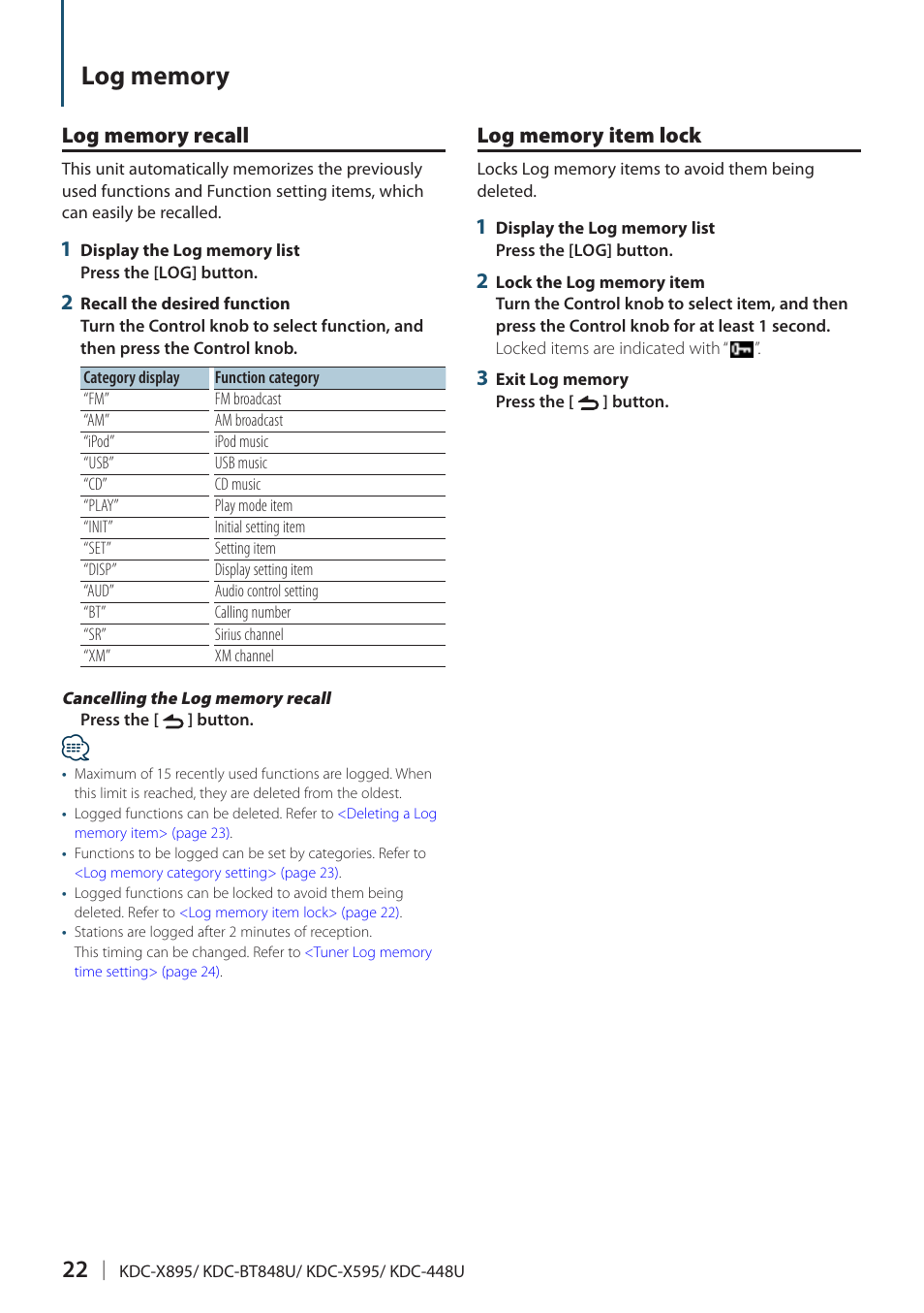 Log memory, Log memory recall, Log memory item lock | Kenwood KDC-448U User Manual | Page 22 / 71