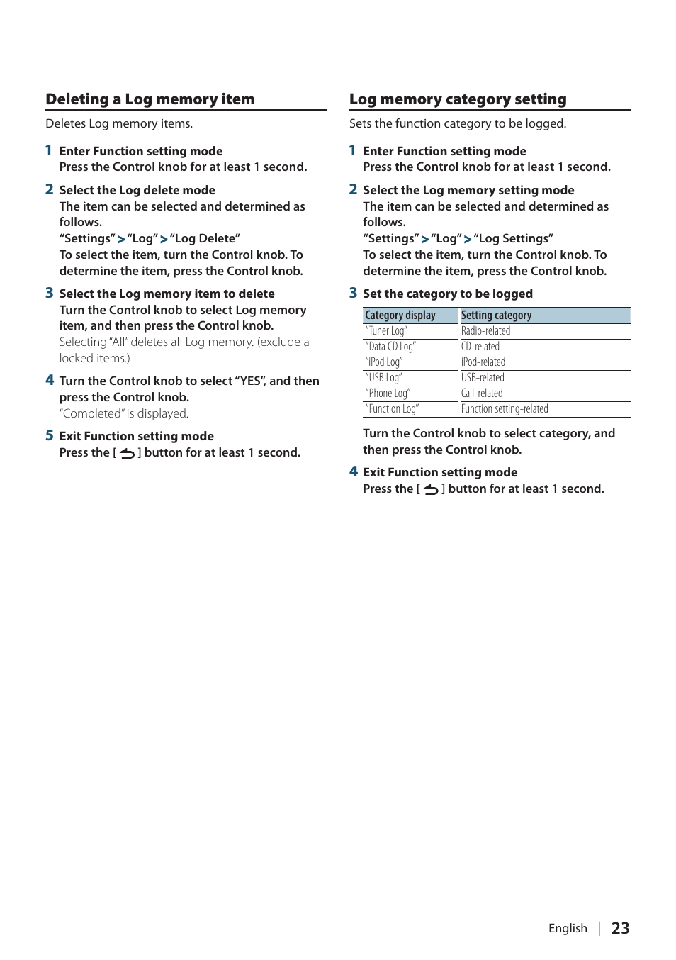 Deleting a log memory item, Log memory category setting | Kenwood KDC-448U User Manual | Page 23 / 71