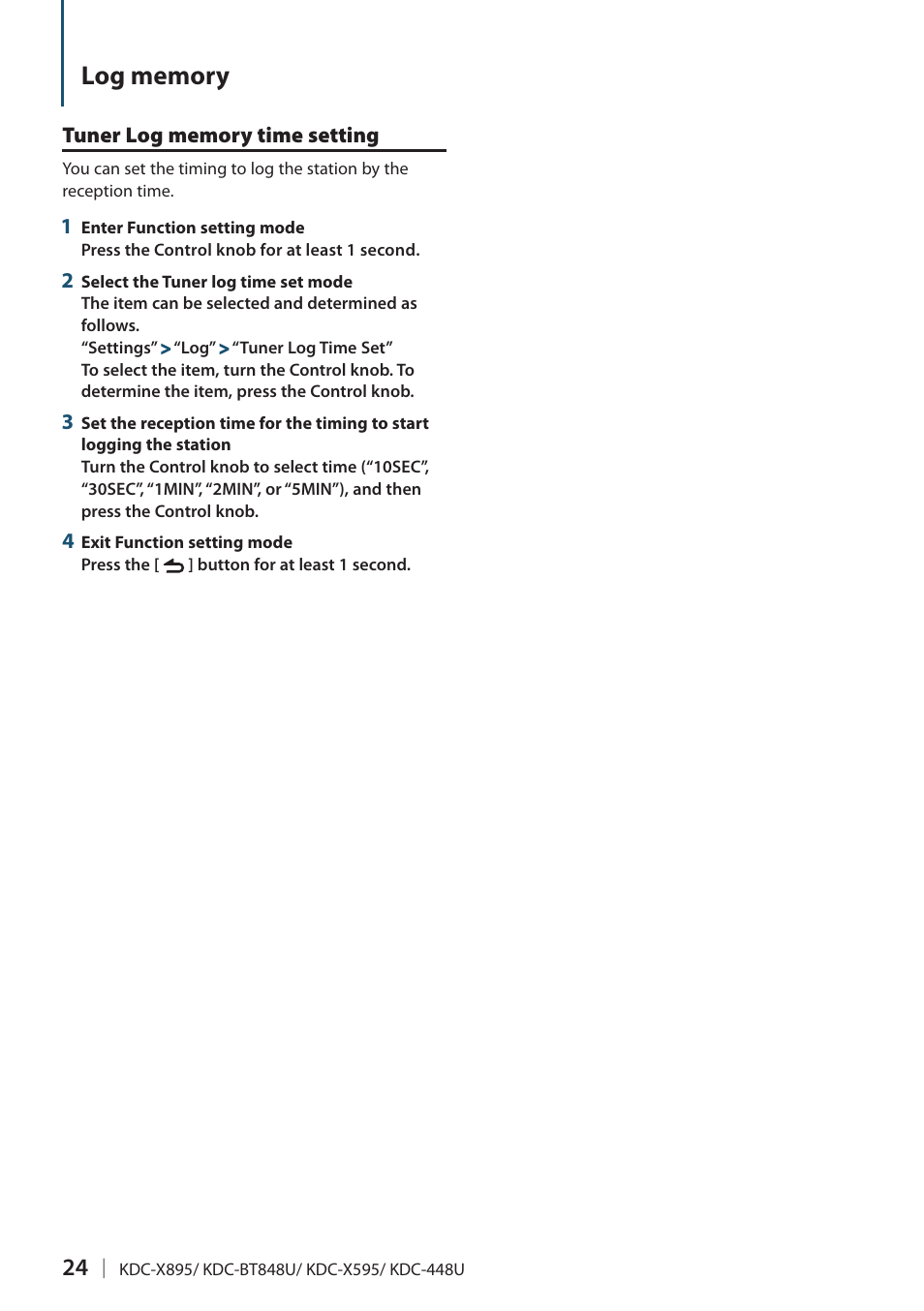 Tuner log memory time setting | Kenwood KDC-448U User Manual | Page 24 / 71