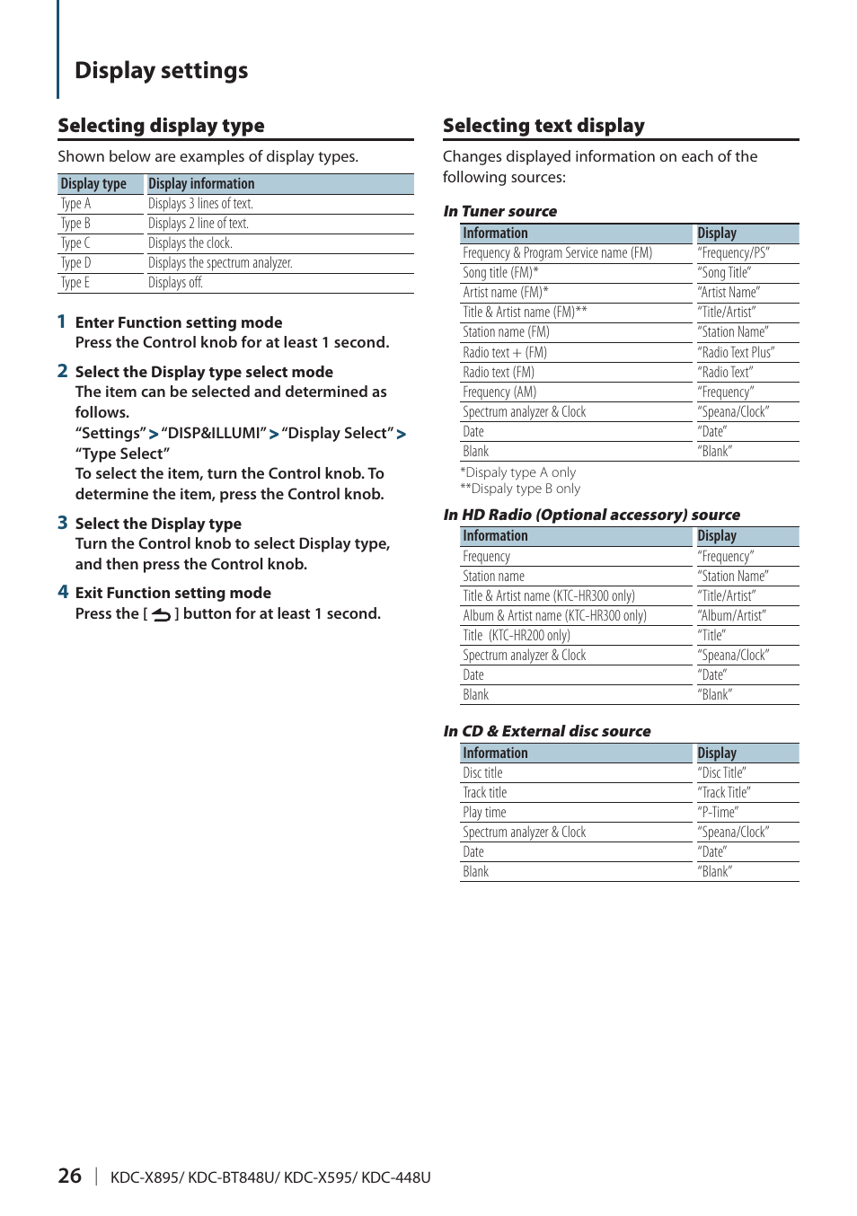 Display settings, Selecting display type, Selecting text display | Kenwood KDC-448U User Manual | Page 26 / 71