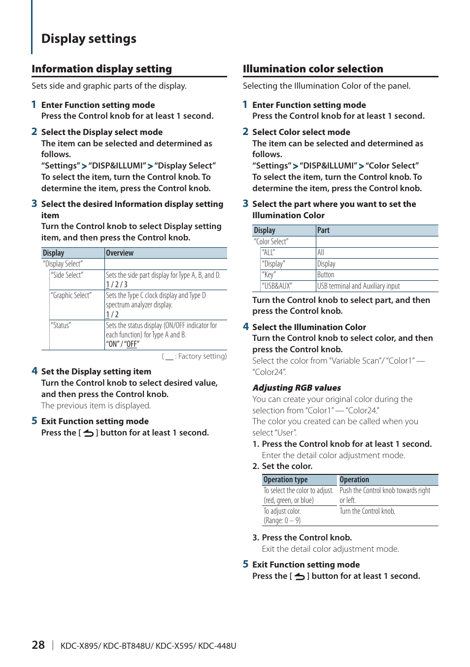 Information display setting, Illumination color selection, Display settings | Kenwood KDC-448U User Manual | Page 28 / 71