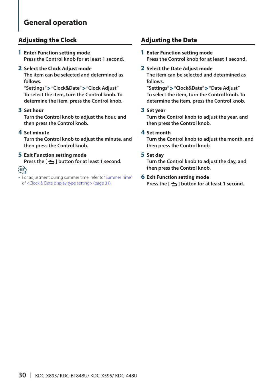 General operation, Adjusting the clock, Adjusting the date | Kenwood KDC-448U User Manual | Page 30 / 71