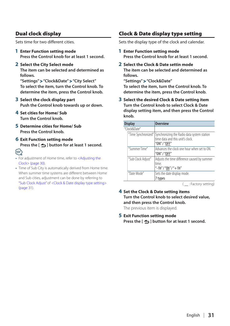 Dual clock display, Clock & date display type setting | Kenwood KDC-448U User Manual | Page 31 / 71