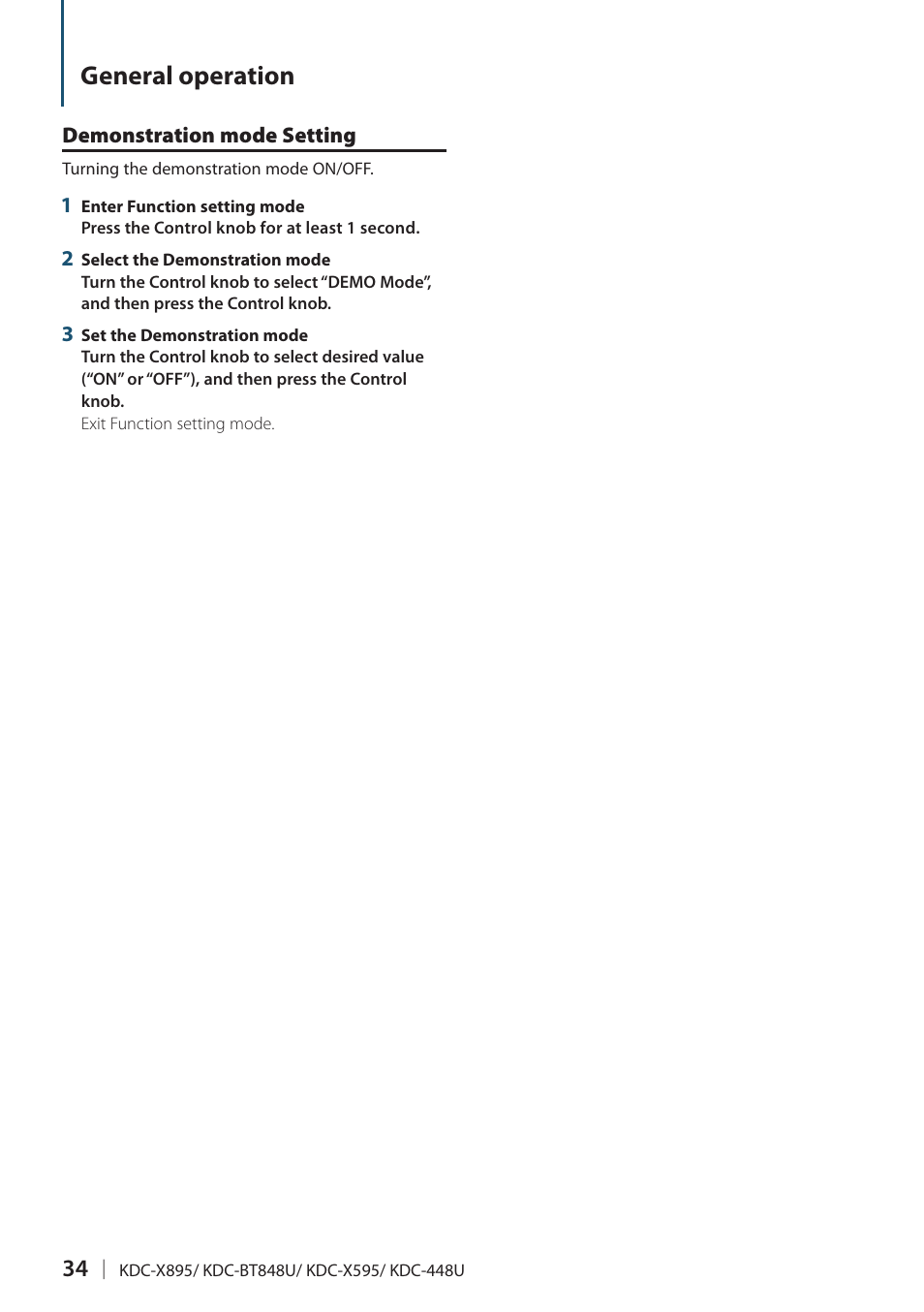 Demonstration mode setting, General operation | Kenwood KDC-448U User Manual | Page 34 / 71