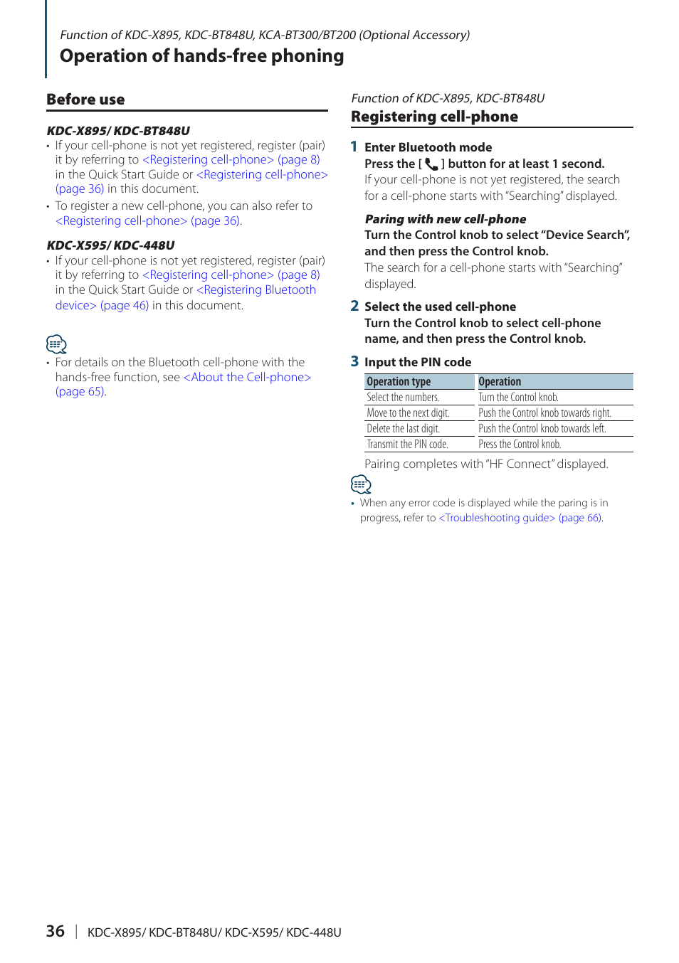 Operation of hands-free phoning, Before use, Registering cell-phone | Kenwood KDC-448U User Manual | Page 36 / 71