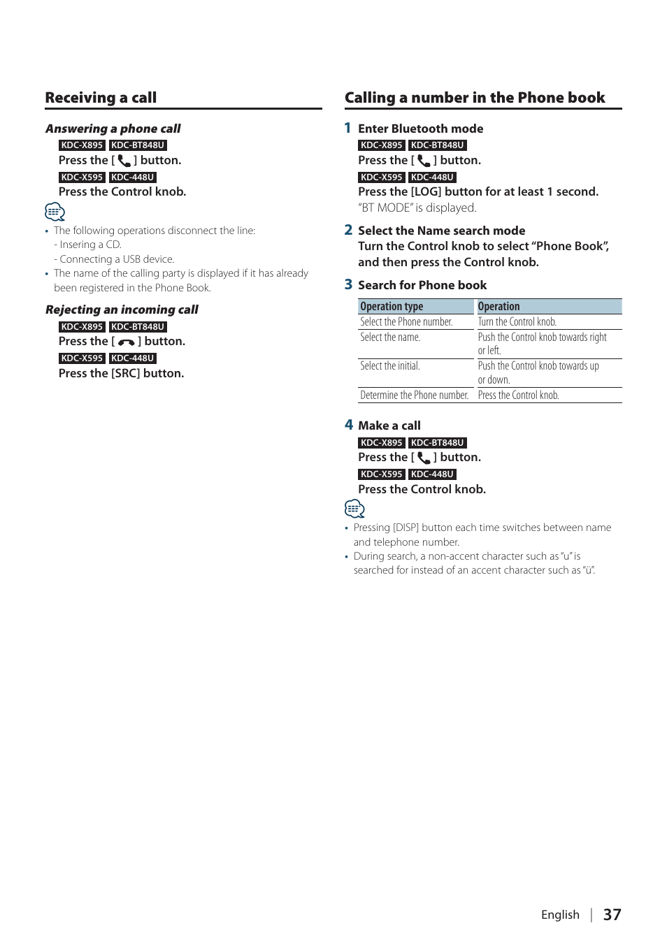 Receiving a call, Calling a number in the phone book, Calling a number in the phone book 1 | Kenwood KDC-448U User Manual | Page 37 / 71