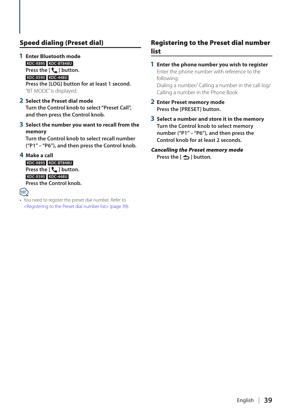 Speed dialing (preset dial), Registering to the preset dial number list, Speed dialing (preset dial) 1 | Registering to the preset dial number list 1 | Kenwood KDC-448U User Manual | Page 39 / 71