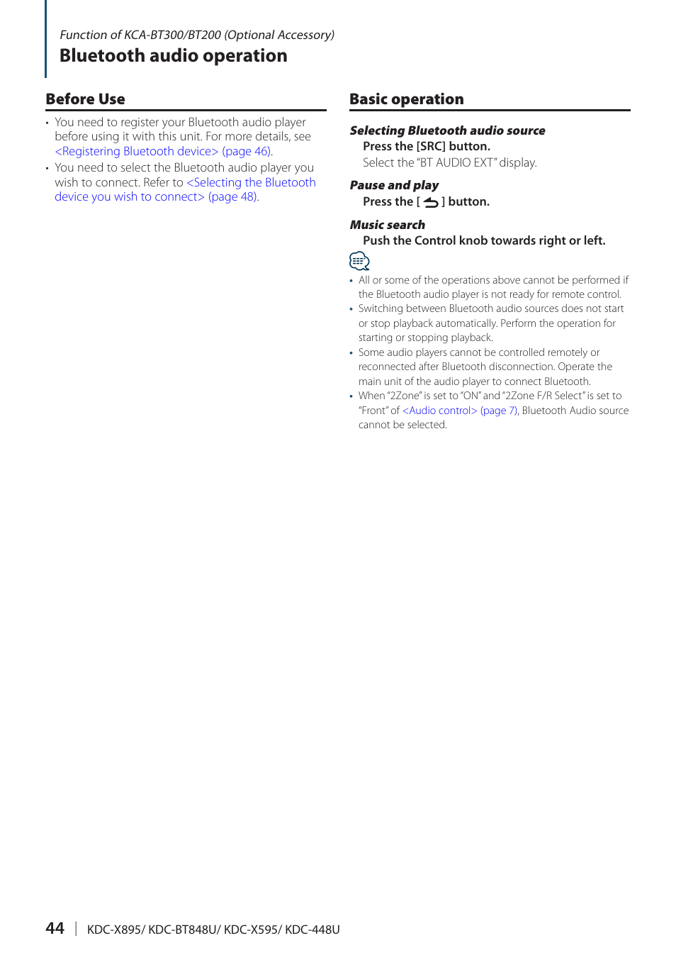 Bluetooth audio operation, Before use, Basic operation | Kenwood KDC-448U User Manual | Page 44 / 71