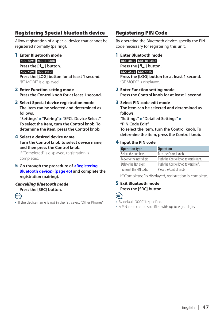 Registering special bluetooth device, Registering pin code | Kenwood KDC-448U User Manual | Page 47 / 71