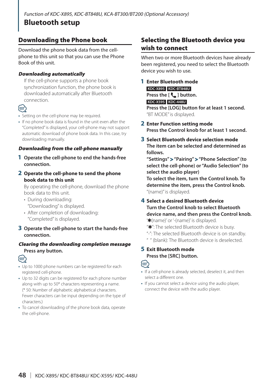 Downloading the phone book, Selecting the bluetooth device you wish to connect, Selecting the bluetooth device you wish to | Connect, Bluetooth setup | Kenwood KDC-448U User Manual | Page 48 / 71