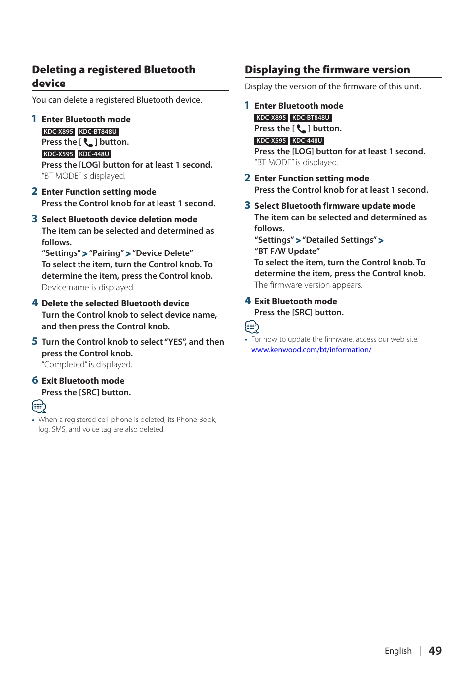 Deleting a registered bluetooth device, Displaying the firmware version | Kenwood KDC-448U User Manual | Page 49 / 71