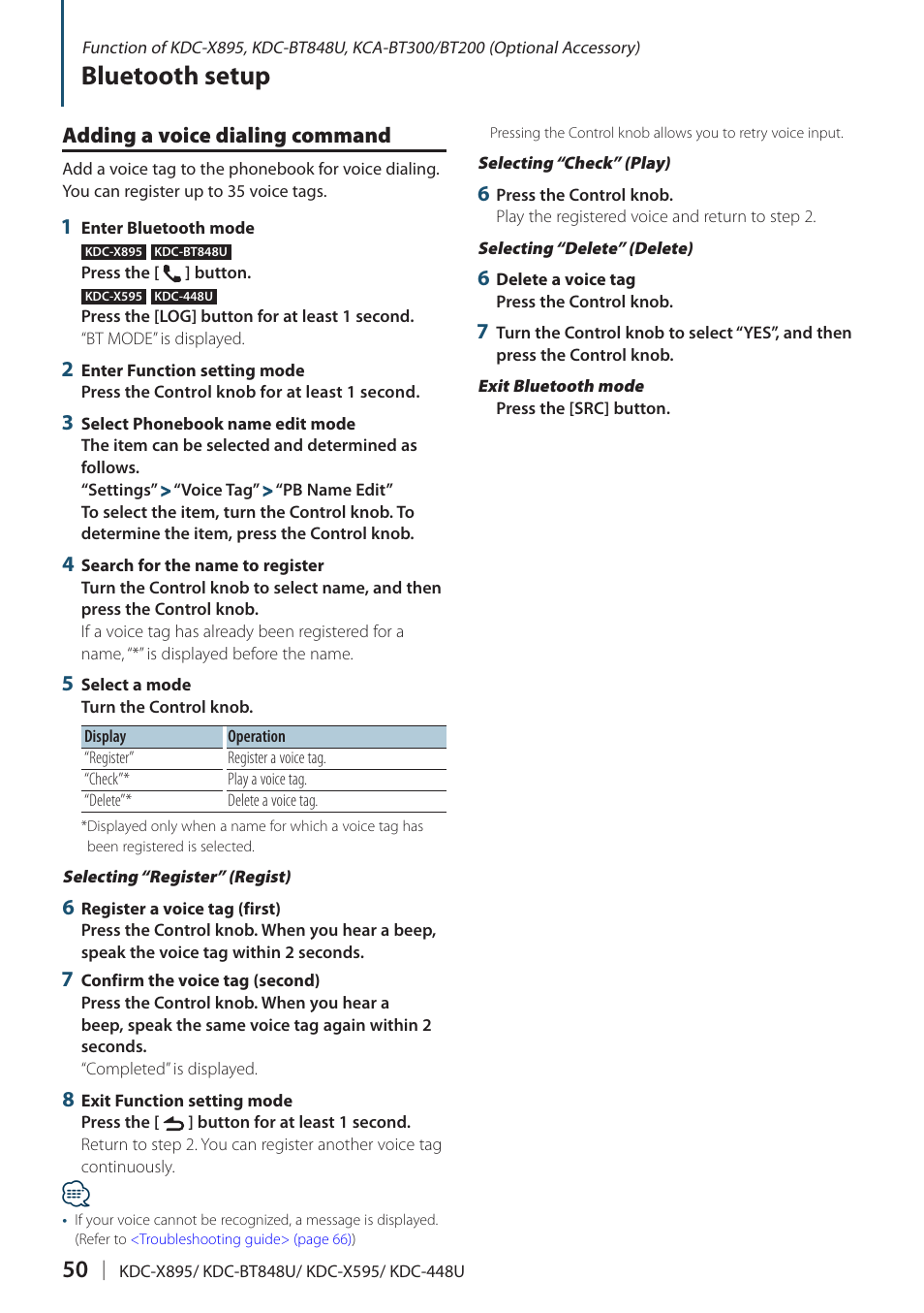 Adding a voice dialing command, Bluetooth setup | Kenwood KDC-448U User Manual | Page 50 / 71