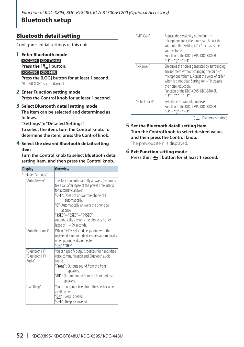 Bluetooth detail setting, Bluetooth setup | Kenwood KDC-448U User Manual | Page 52 / 71