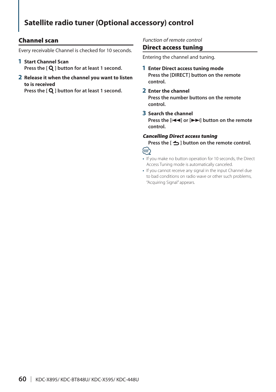 Satellite radio tuner (optional accessory) control | Kenwood KDC-448U User Manual | Page 60 / 71