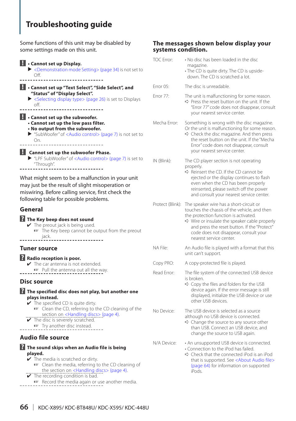 Troubleshooting guide, General, Tuner source | Disc source, Audio file source | Kenwood KDC-448U User Manual | Page 66 / 71