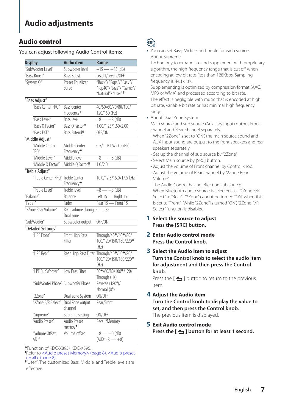 Audio adjustments, Audio control | Kenwood KDC-448U User Manual | Page 7 / 71