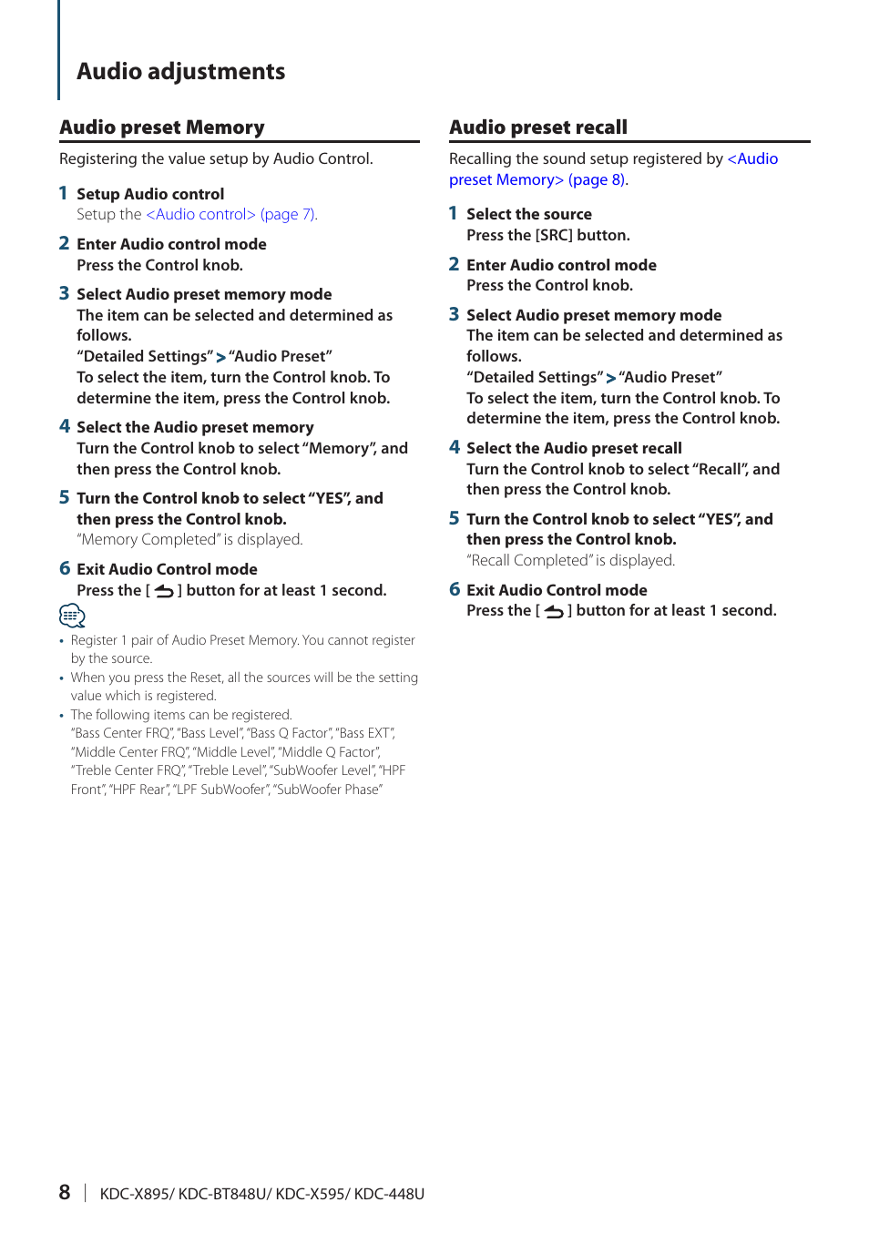 Audio preset memory, Audio preset recall, Audio adjustments | Kenwood KDC-448U User Manual | Page 8 / 71