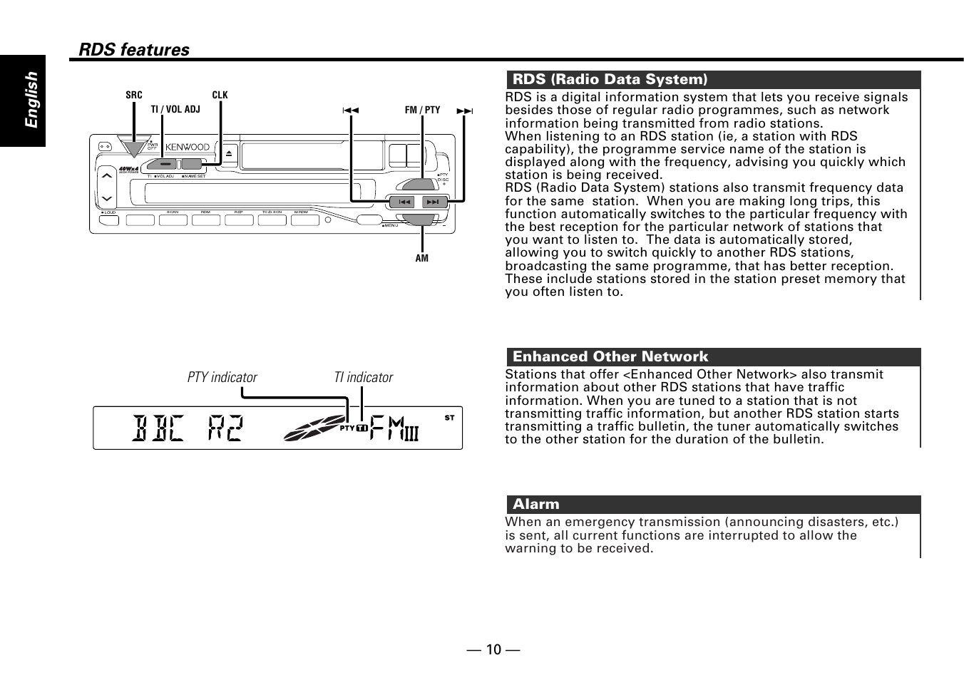 Rds features, English, Alarm | Enhanced other network, Rds (radio data system), Pty indicator ti indicator | Kenwood KRC-25RA User Manual | Page 10 / 32