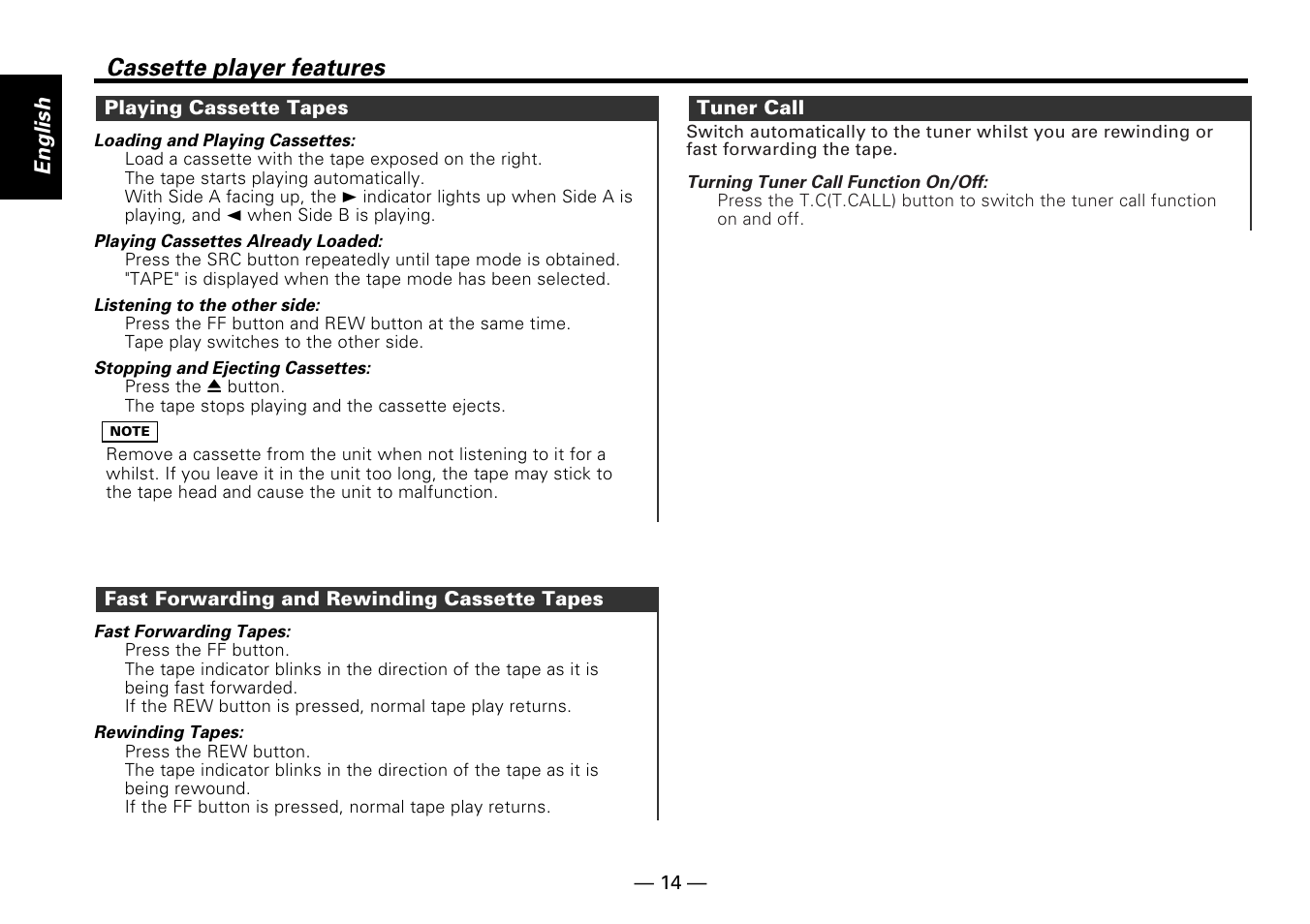 Cassette player features | Kenwood KRC-25RA User Manual | Page 14 / 32