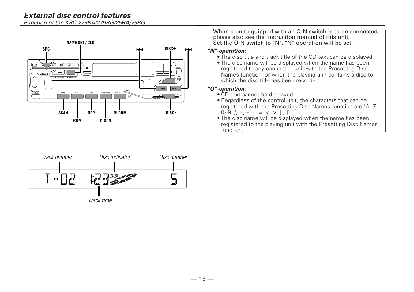 External disc control features, Disc indicator disc number track number track time, N"-operation | O"-operation | Kenwood KRC-25RA User Manual | Page 15 / 32