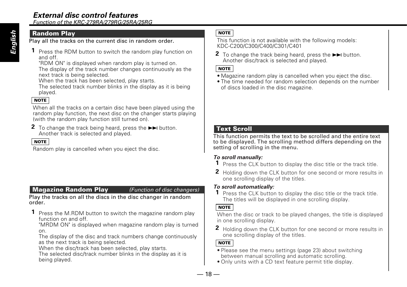 External disc control features, English | Kenwood KRC-25RA User Manual | Page 18 / 32