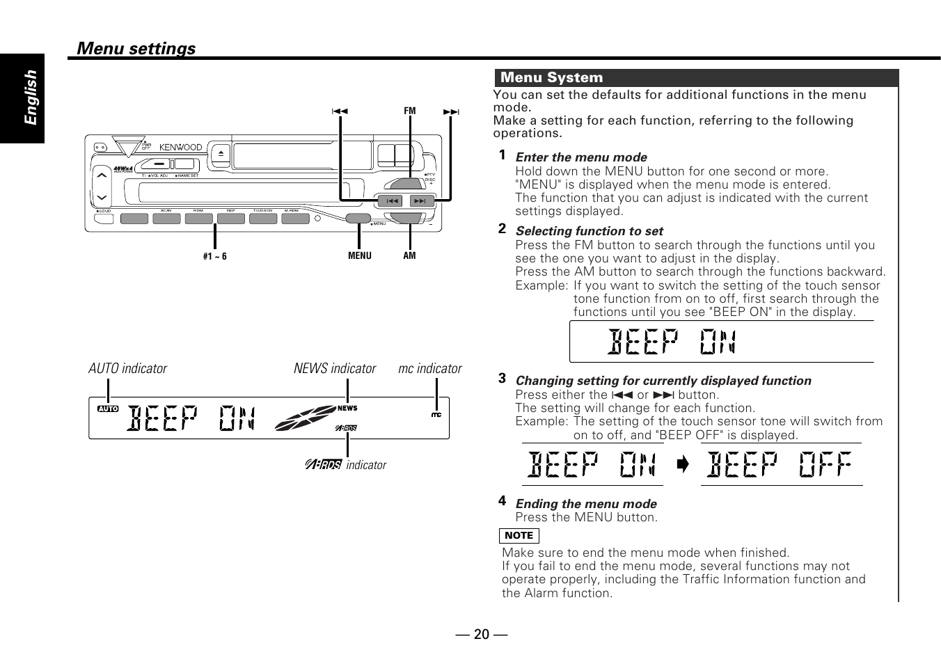 Menu settings, English, 43 2 1 menu system | News indicator auto indicator, Mc indicator, Enter the menu mode, Selecting function to set, Changing setting for currently displayed function, Ending the menu mode, Indicator | Kenwood KRC-25RA User Manual | Page 20 / 32