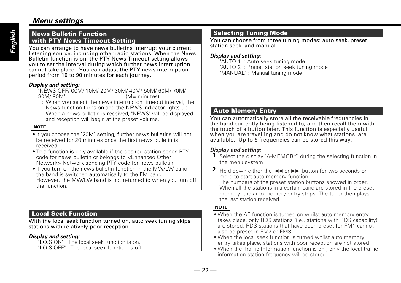 Menu settings, English | Kenwood KRC-25RA User Manual | Page 22 / 32