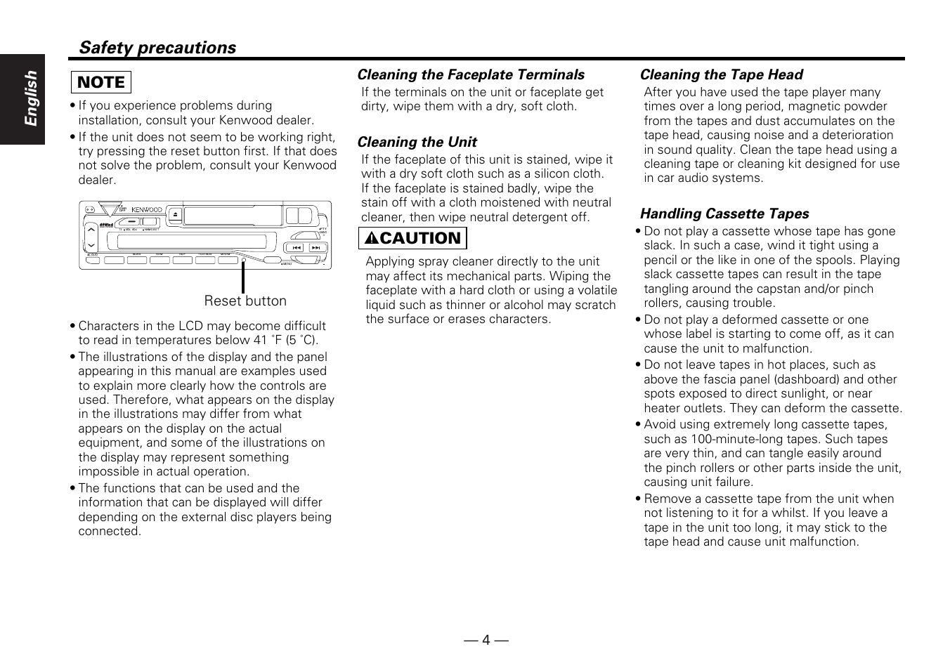 Safety precautions, English, 2 caution | High power, Reset button cleaning the faceplate terminals, Cleaning the unit, Cleaning the tape head, Handling cassette tapes | Kenwood KRC-25RA User Manual | Page 4 / 32